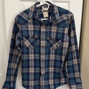 Ariat Men's Halmaty Blue and white Plaid retro fit Shirt size small
